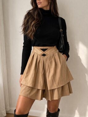 Paco Rabanne Paris Wool Skort High Waist Pleated Designer  camel Skirt Shorts